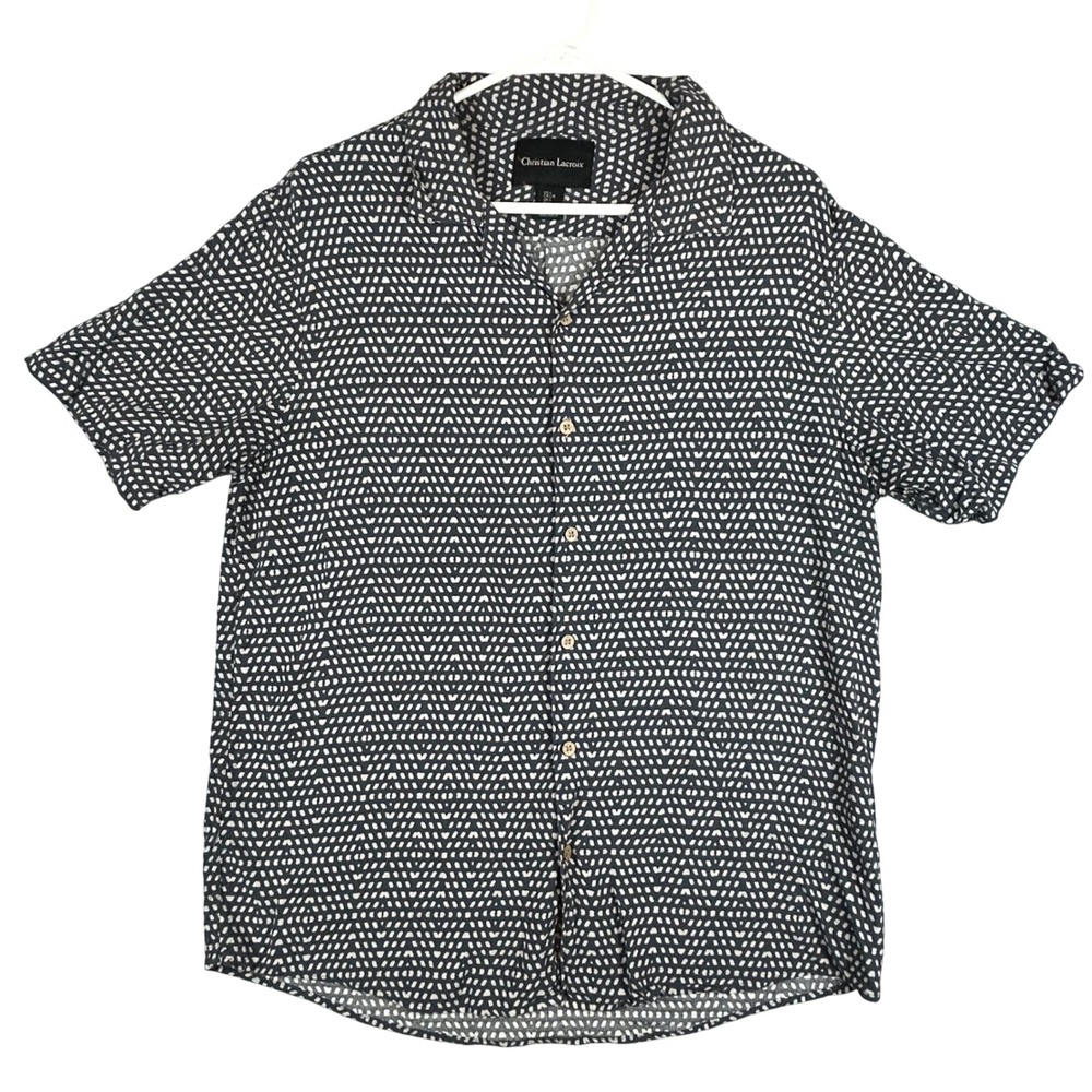 Christian Lacroix Mens Navy Blue Geometric Dot Rayon Short Sleeve Shirt Large